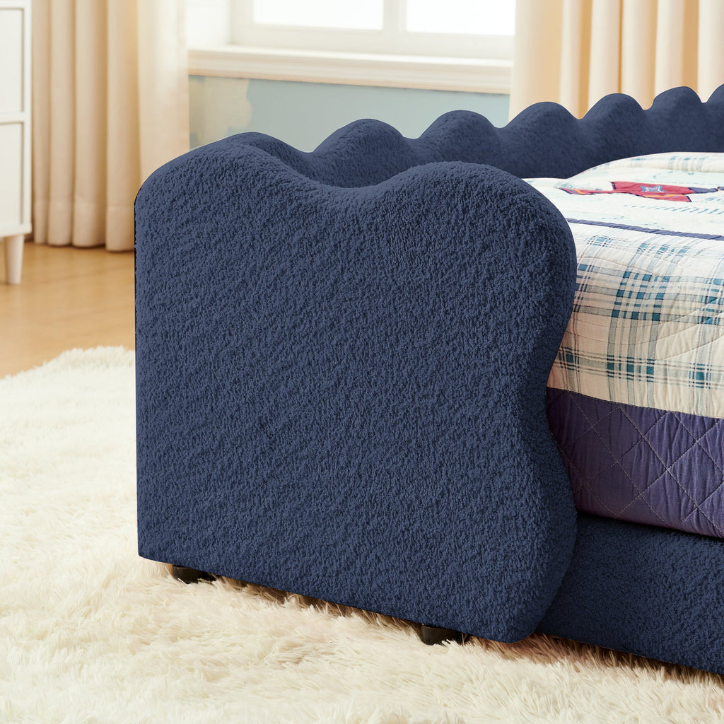 Twin Size Dinosaur Kids Bed Frame, Navy Blue Boucle Fabric