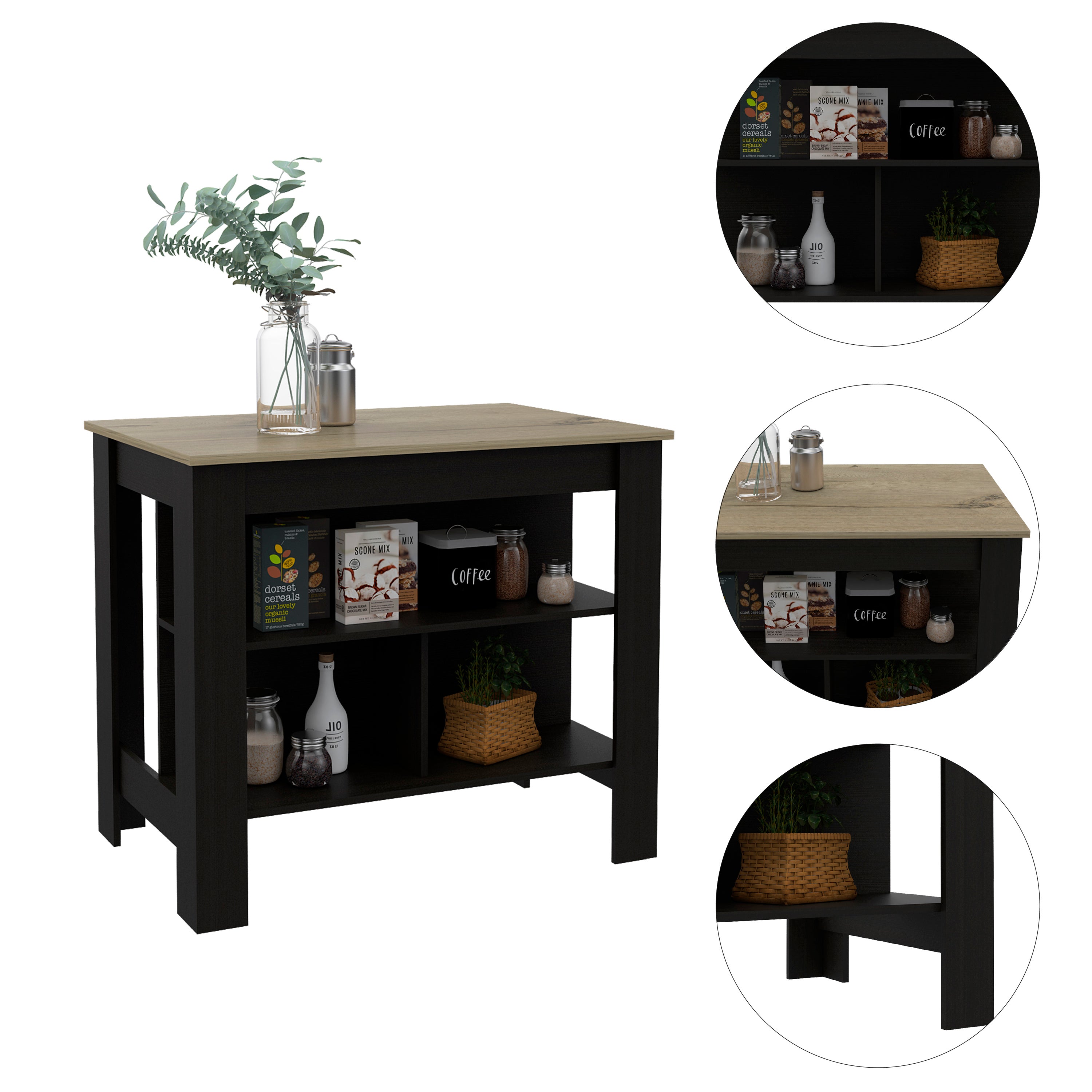 Kitchen Island with Shelves, Black and Light Oak