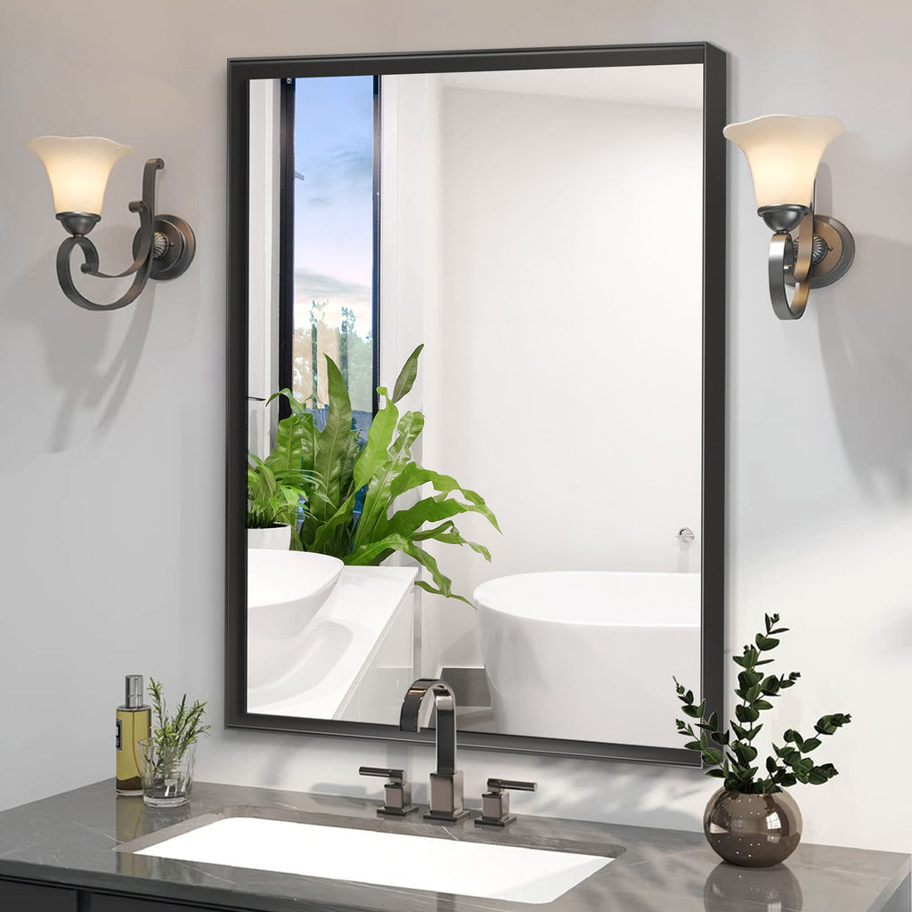 40x30" Glossy Black Bathroom Vanity Mirror Rectangle Wall Mount