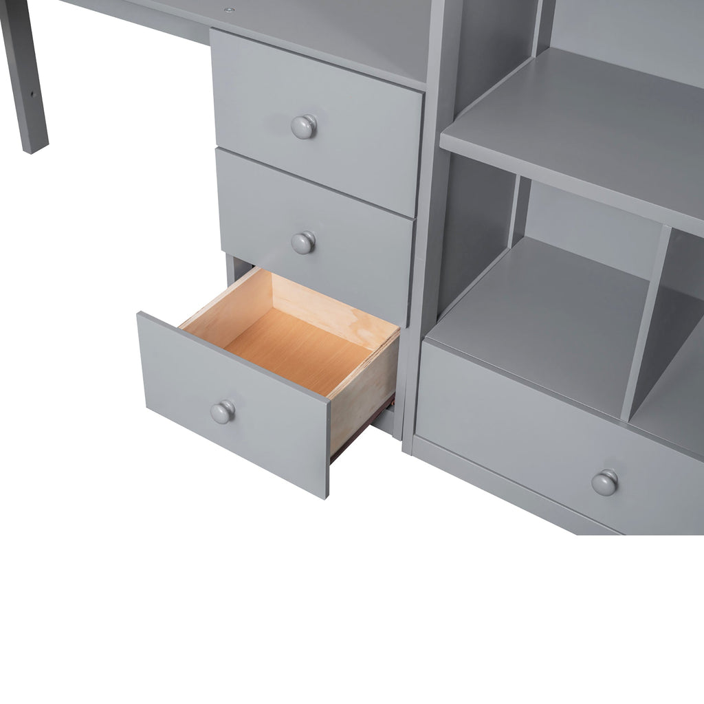 Gray Twin Size Loft Bed with L-Shaped Desk, Drawers, Cabinet and Storage Stai...