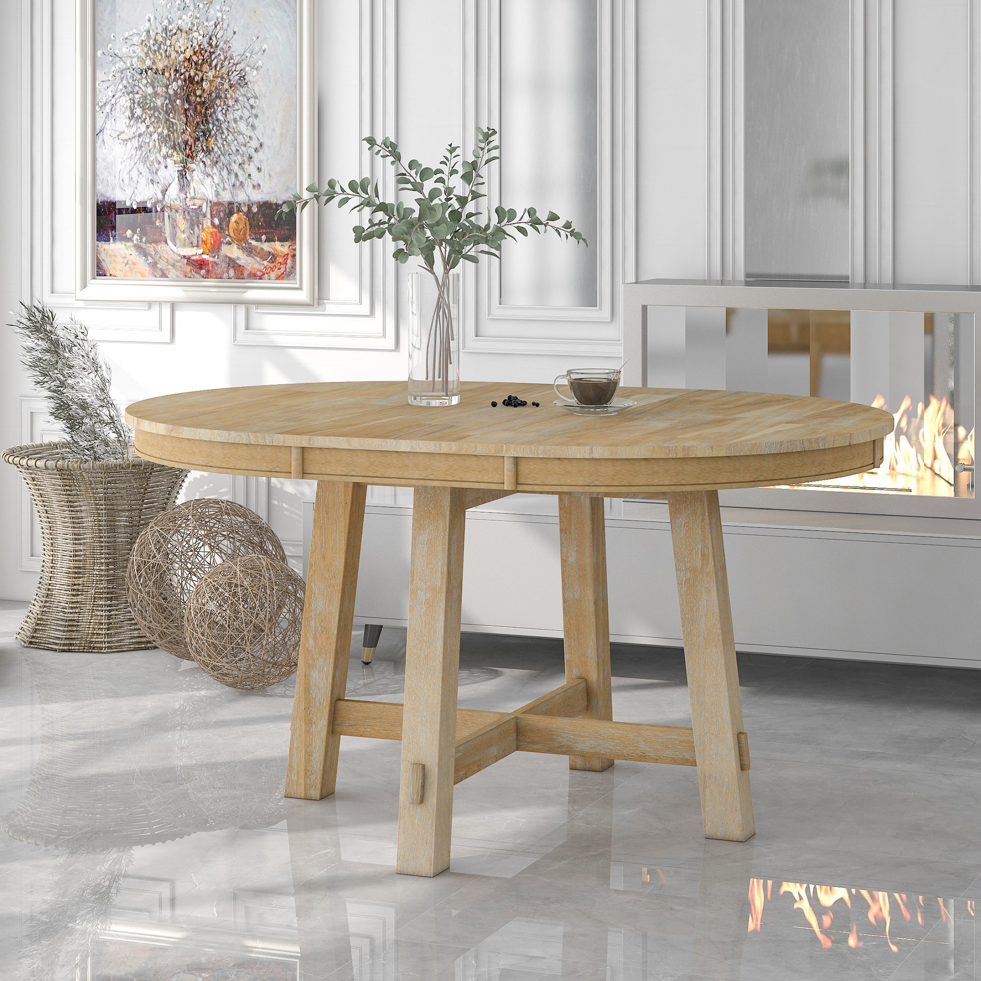 Gia Round Extendable Dining Table with Leaf, Natural Wood