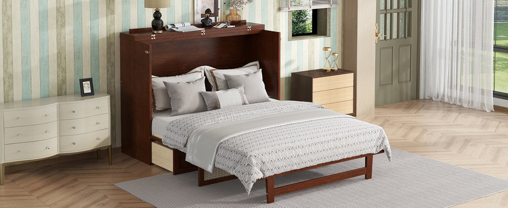 Queen Size Pine Wood Murphy Bed with Storage Drawer