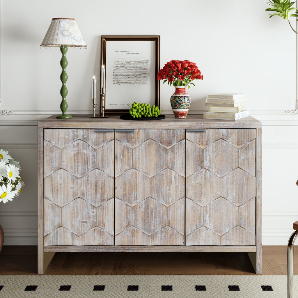 Farmhouse 3 Door Wooden Sideboard Cabinet Storage Natural Wood