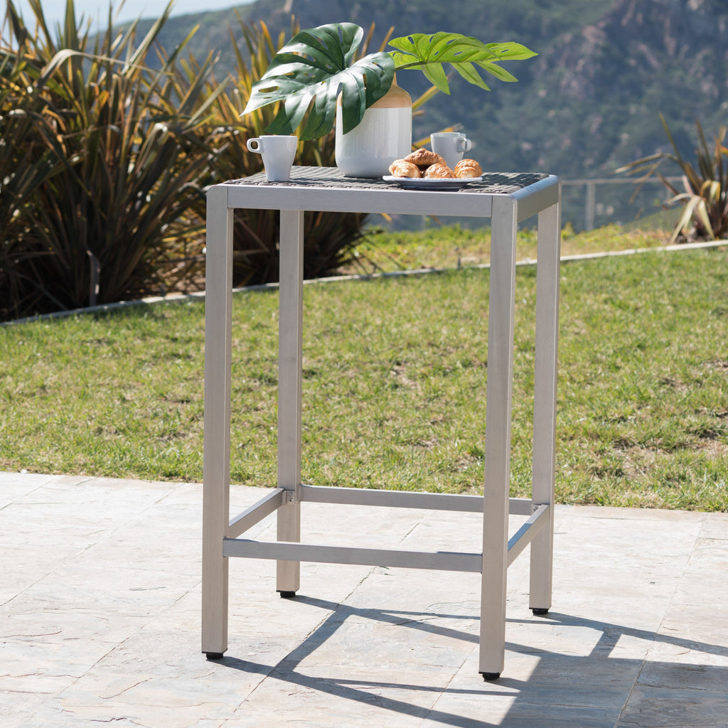43" Outdoor Aluminum Bar Table with PE Rattan Top, Grey Silver
