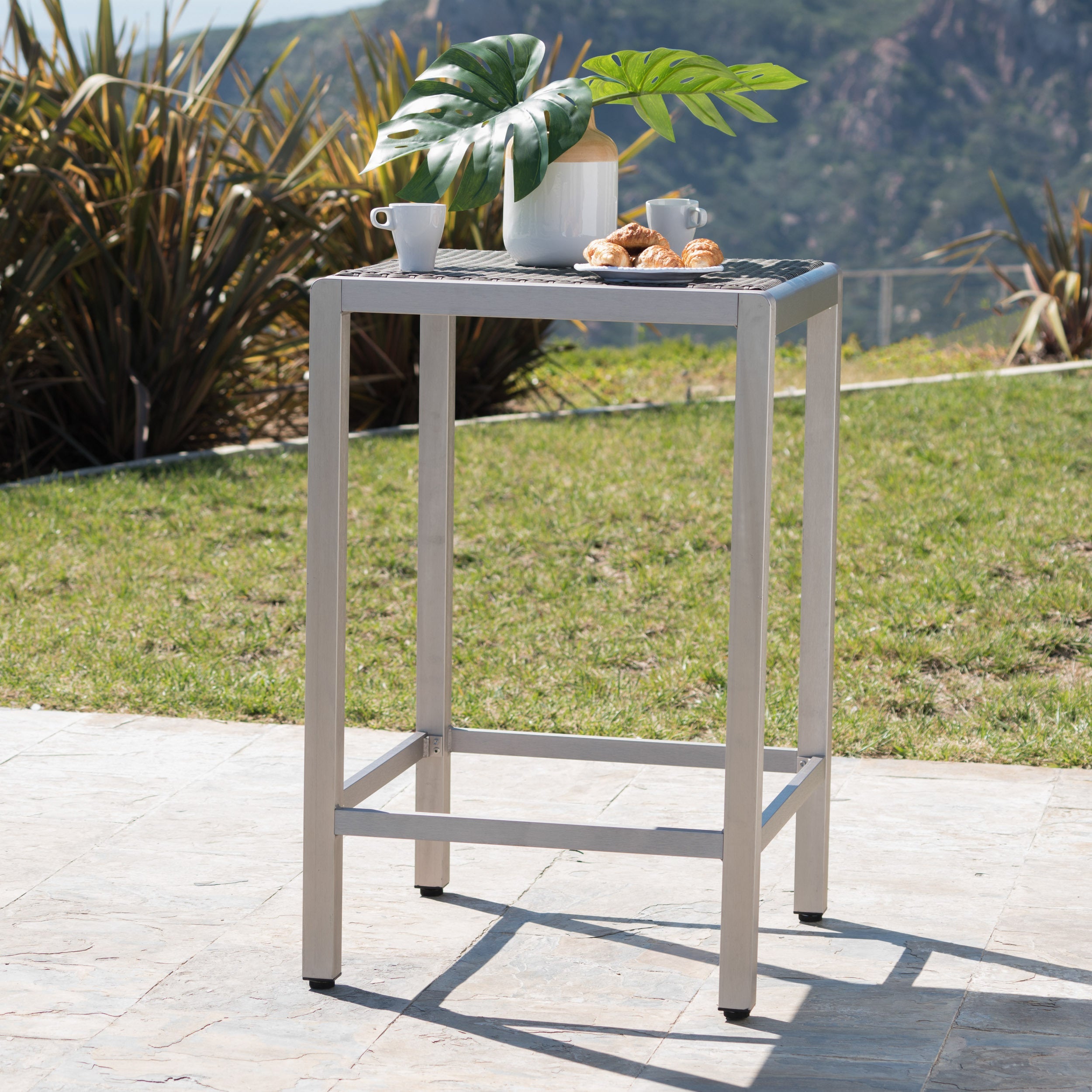 43" Outdoor Aluminum Bar Table with PE Rattan Top, Grey Silver