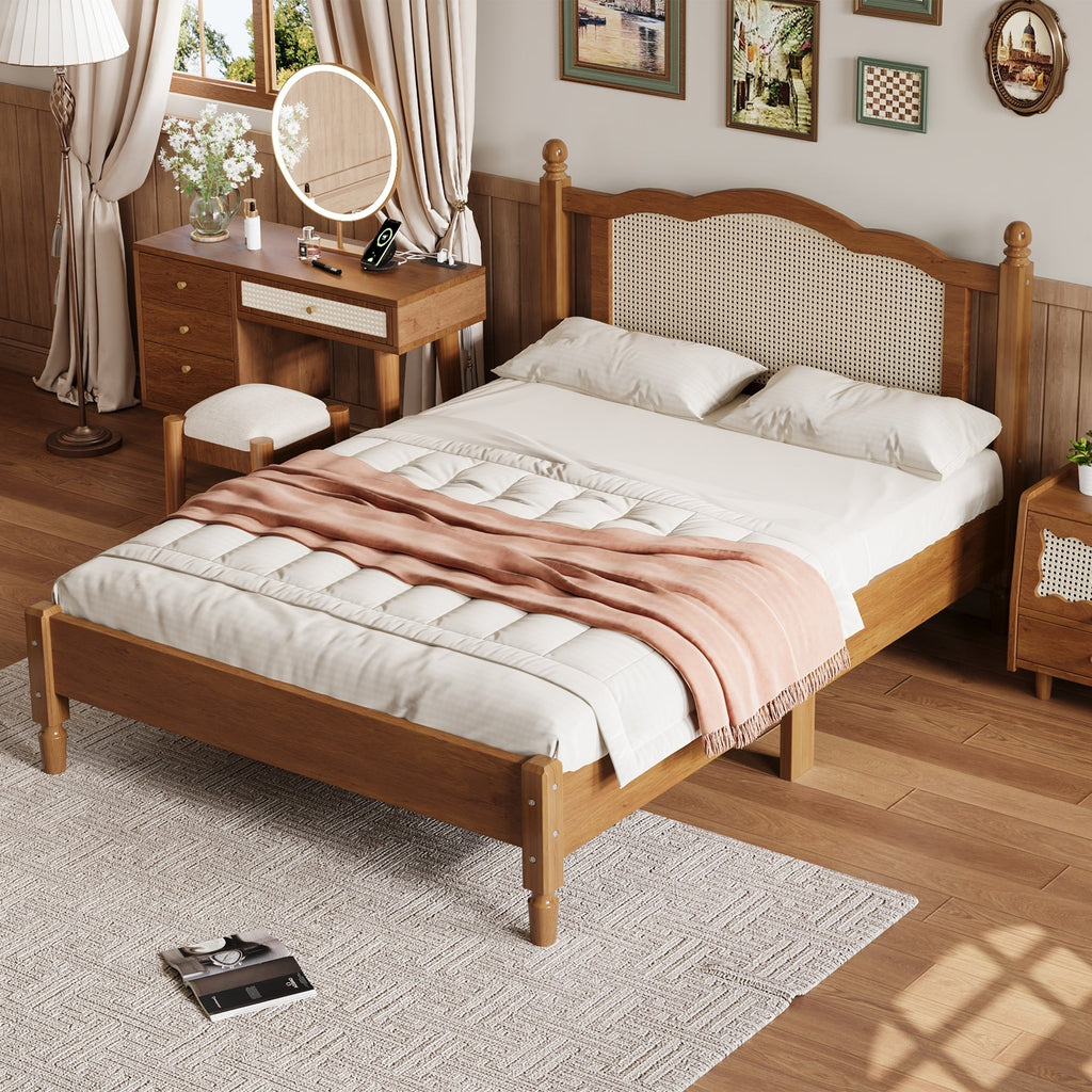 Full Size Wooden Platform Bed with Rattan Headboard