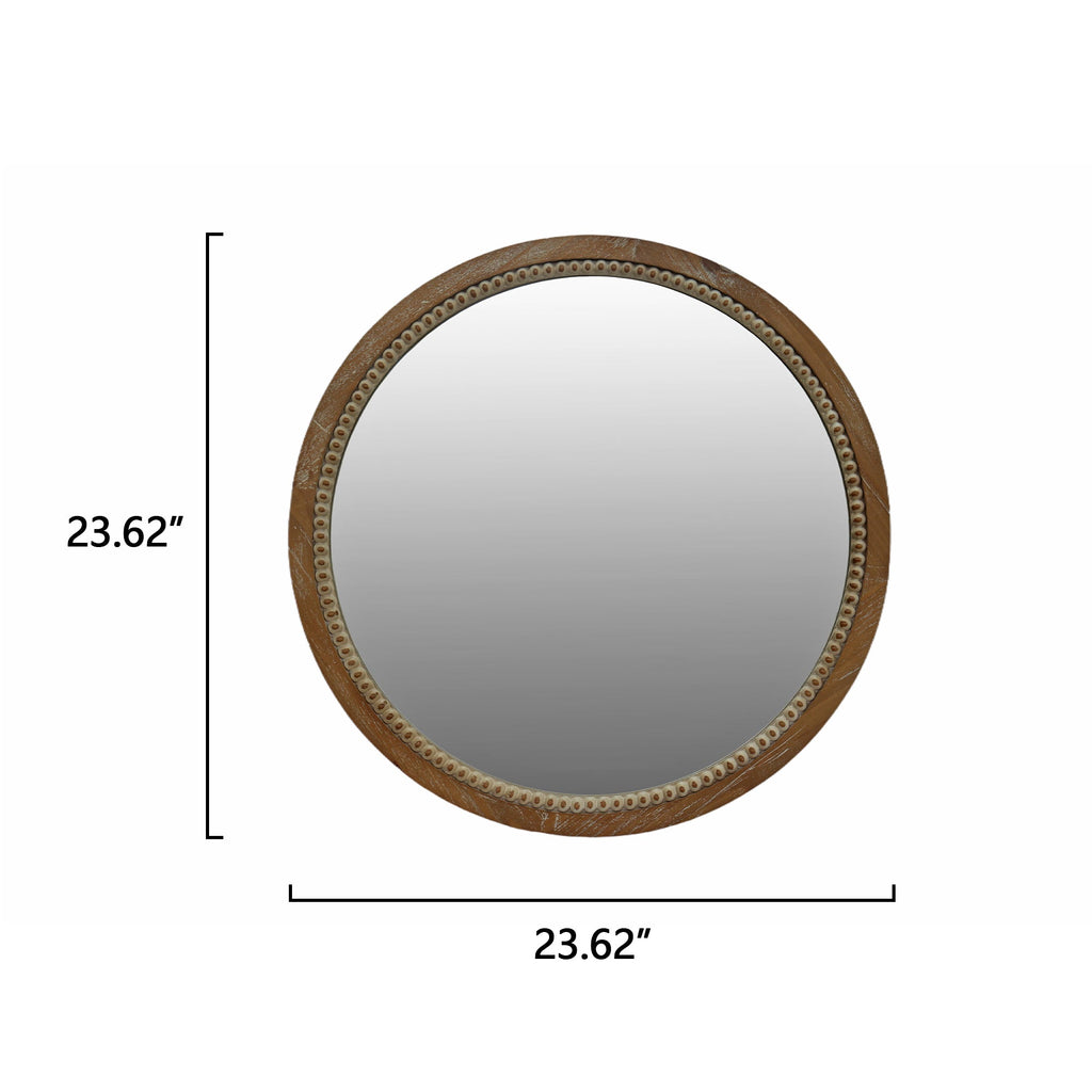 Round Beaded Wood Wall Mirror 23.62" Farmhouse Rustic