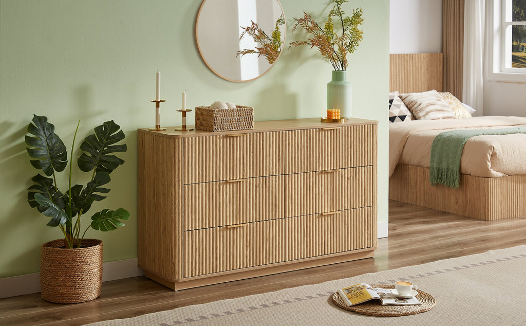 6 Drawer Dresser 55"W Curved Wave Design Walnut Wood