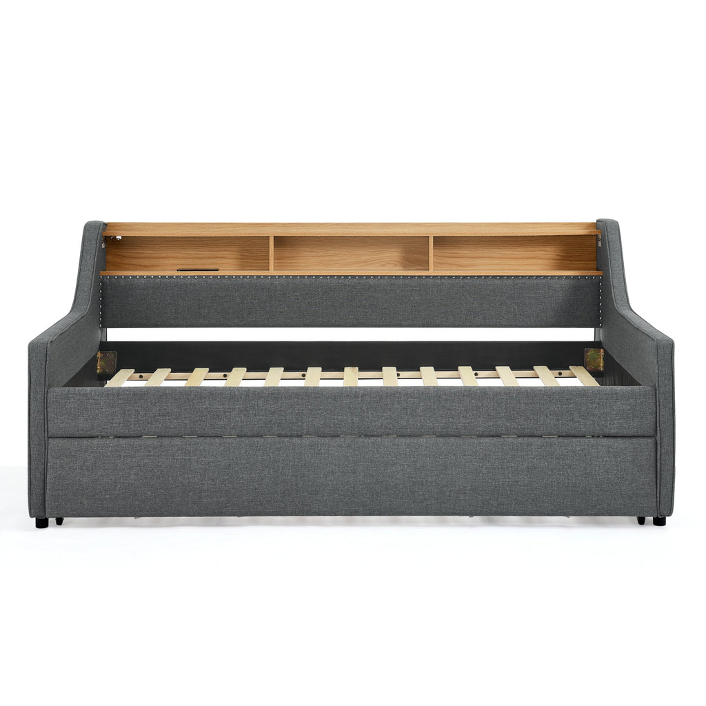 Grey Linen Twin Sofa Bed LED Lights Storage Headboard