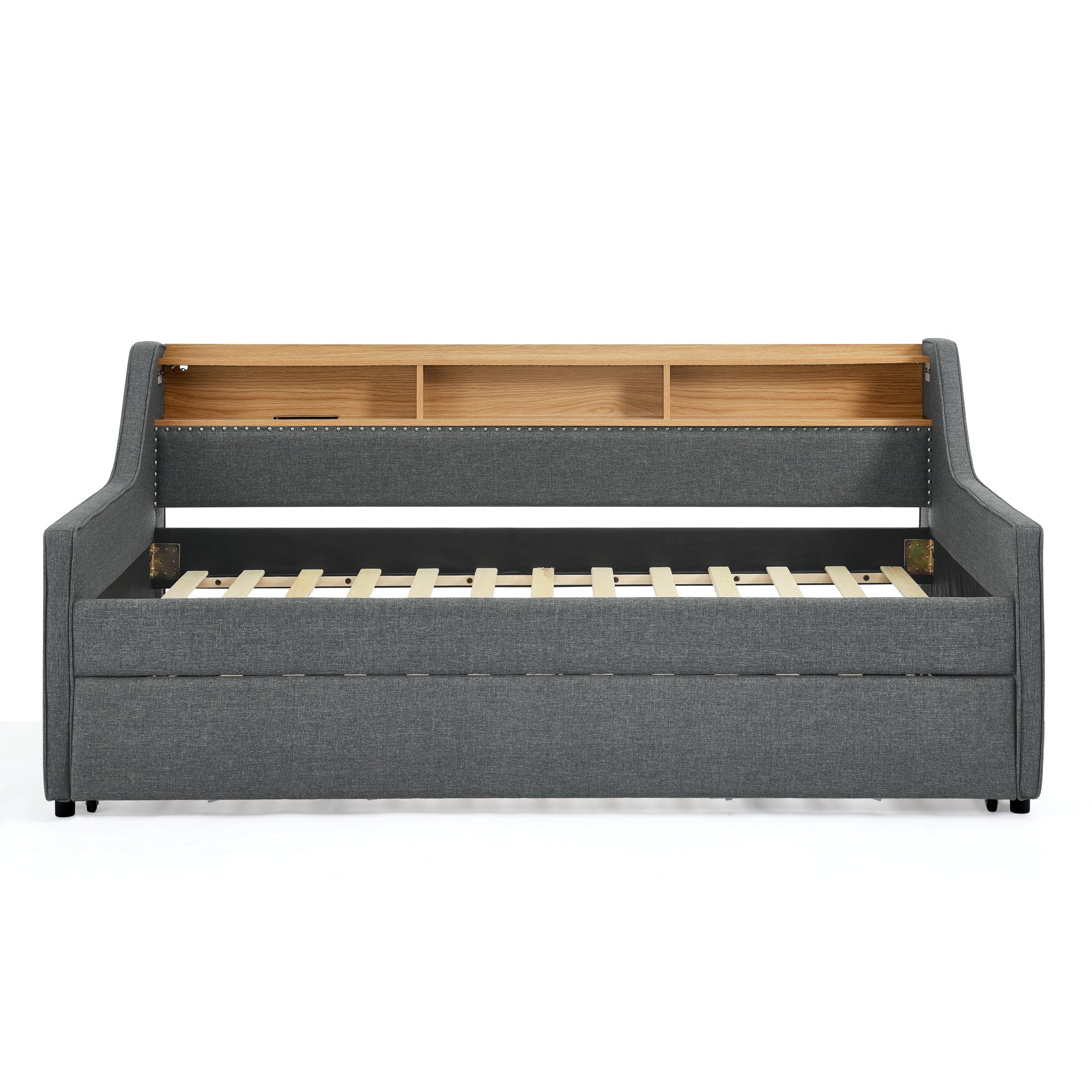 Grey Linen Twin Sofa Bed LED Lights Storage Headboard
