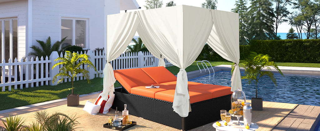 Outdoor Double Chaise Lounge Daybed with Curtains,Patio Outdoor Sunbed with