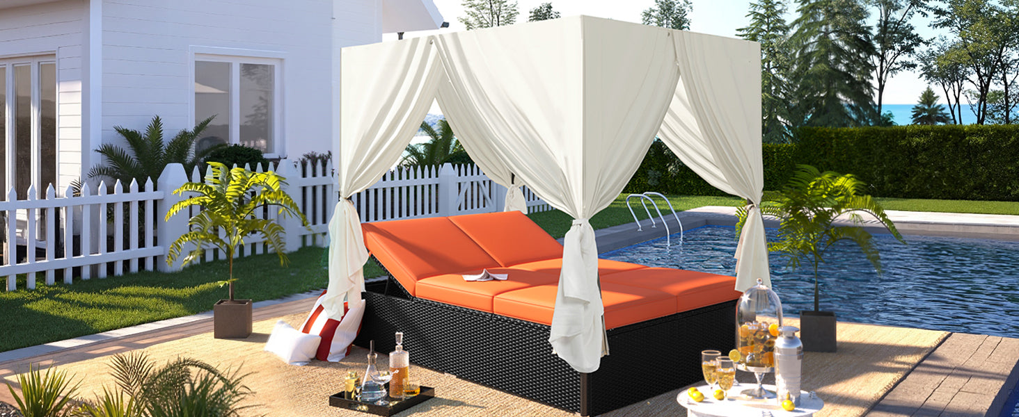 Outdoor Double Chaise Lounge Daybed with Curtains,Patio Outdoor Sunbed with