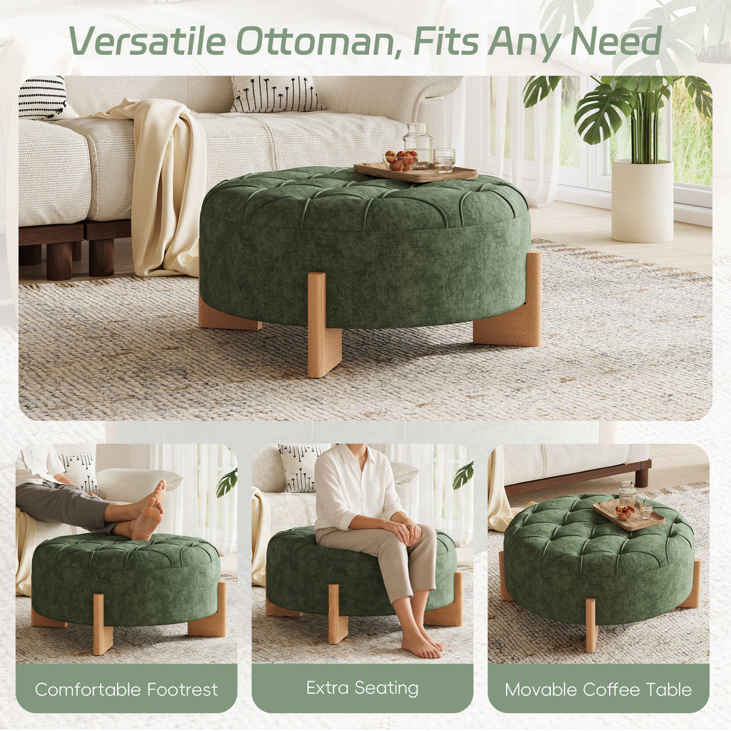 32' Round Tufted Ottoman with Solid Wood Legs, Chenille Fabric Footrest