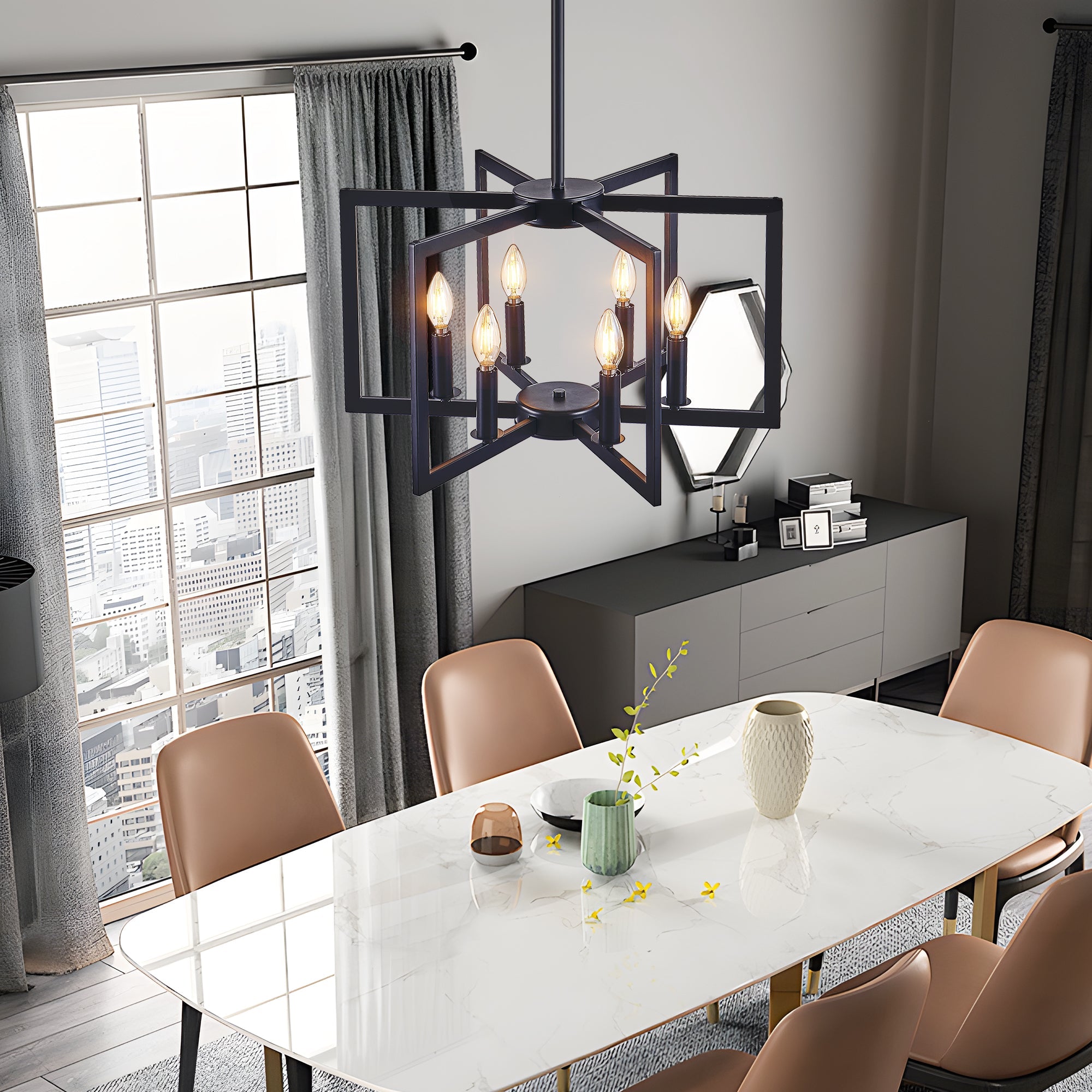 Chandelier Black Geometric 6-Light Industrial Metal Pendant 22 In