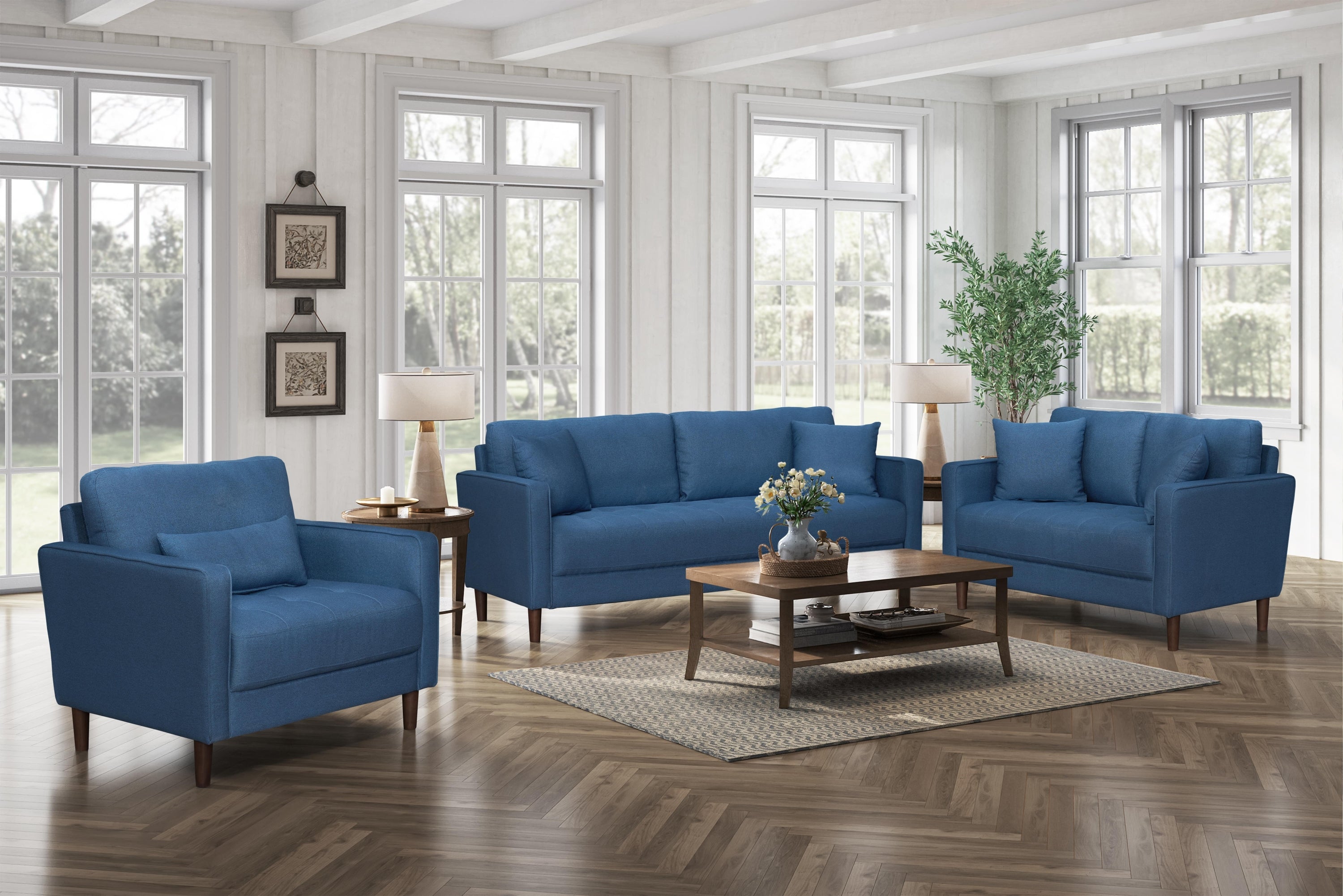 Blue Tufted Plush Upholstered Love Seat