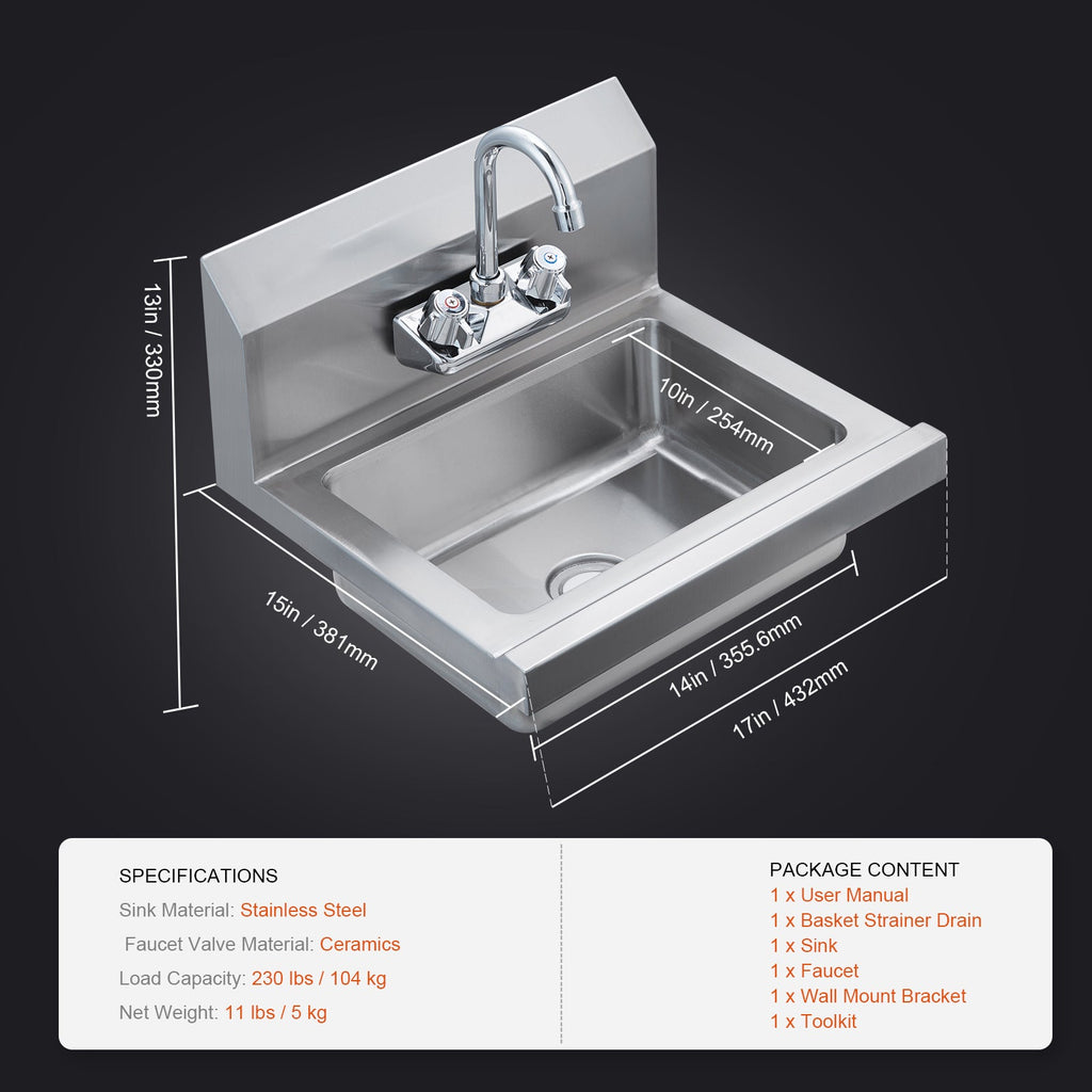 Stainless Steel Wall Mount Hand Sink 17 x 12.8
