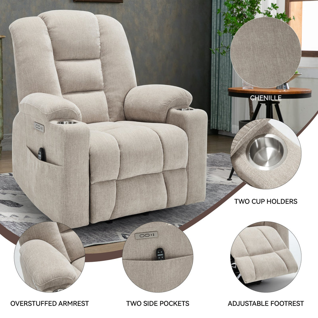 Power Lift Recliner Chair Massage Heat USB Ports Beige