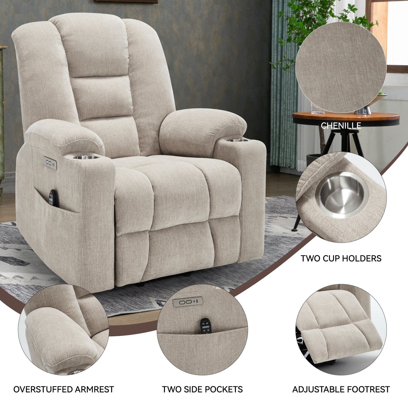 Power Lift Recliner Chair Massage Heat USB Ports Beige