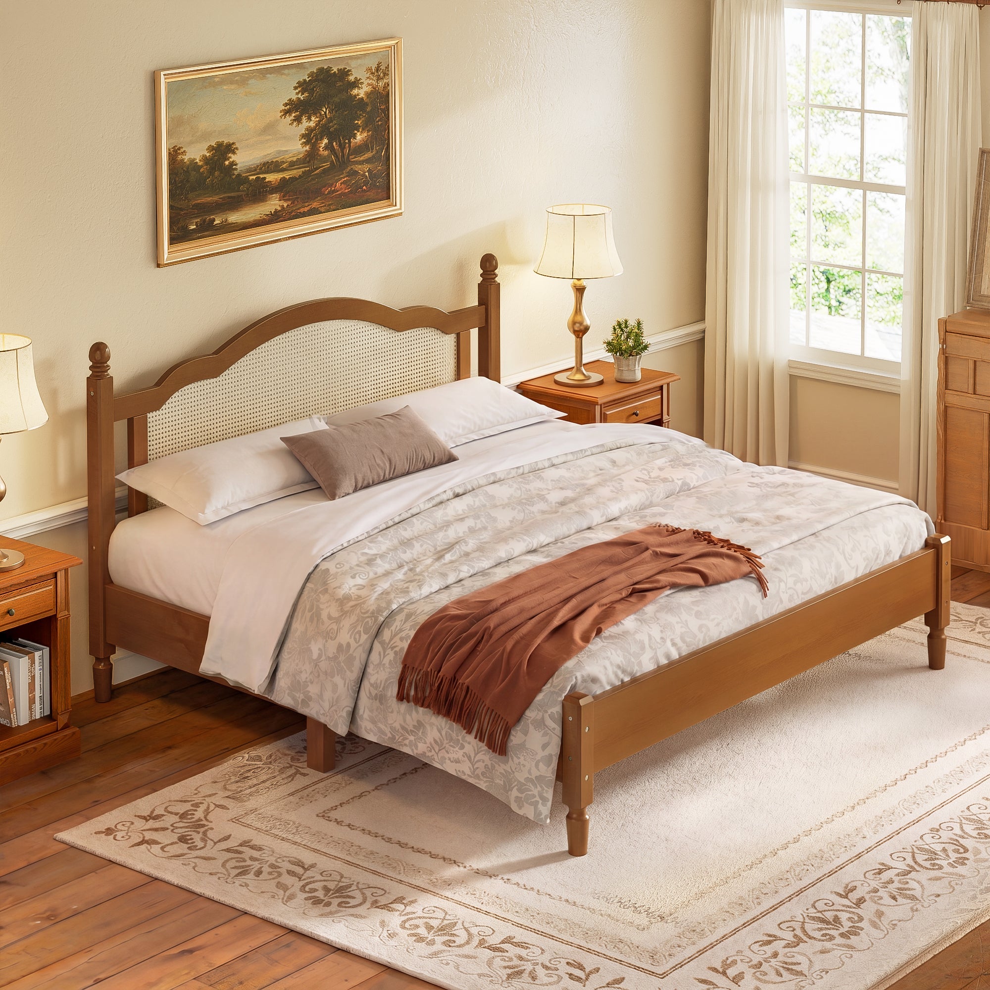King Size Walnut Wooden Platform Bed with Rattan Headboard
