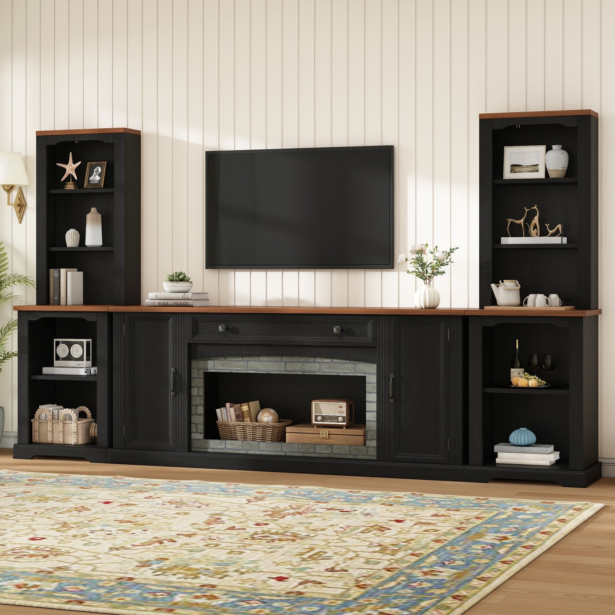 TV Stand 3-Piece Set MDF Walnut Gray Curved Cabinets Fits 70 In TV 109 In