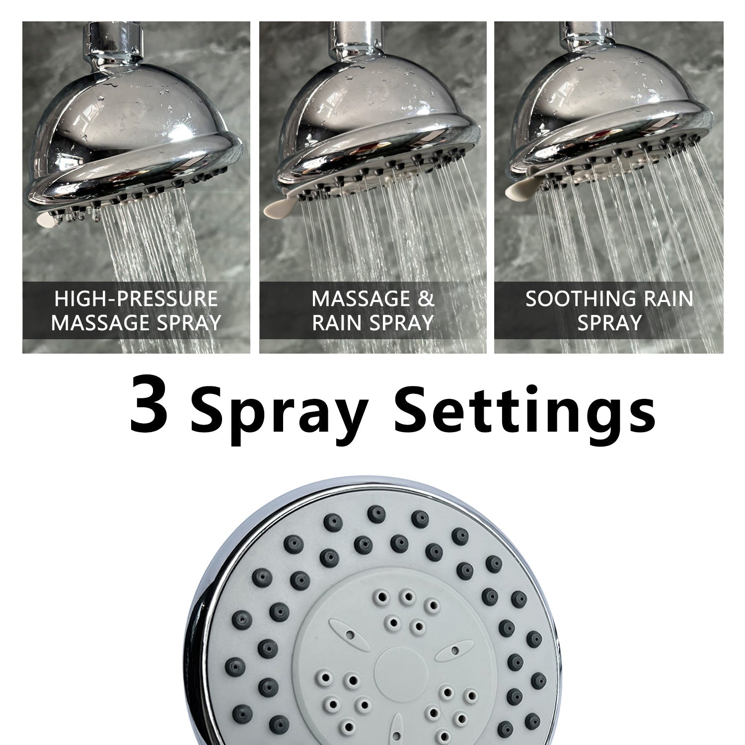 4" High-Pressure Rain Shower Head 3 Spray Modes Adjustable