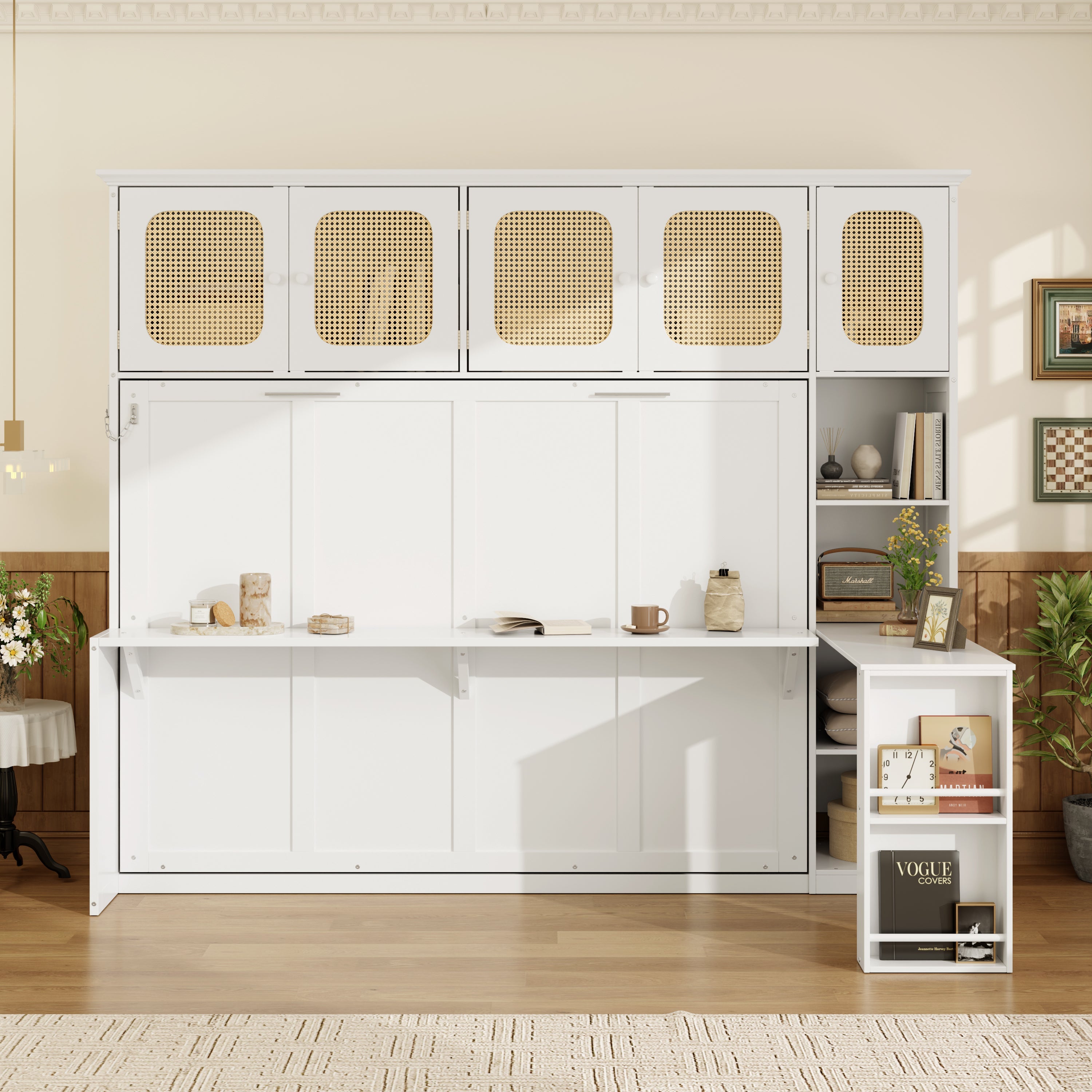 Murphy Bed with Desk and Rattan Cabinets, Warm White