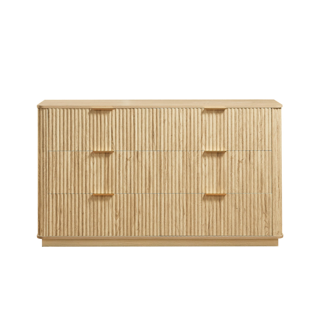 6 Drawer Dresser 55"W Curved Wave Design Walnut Wood
