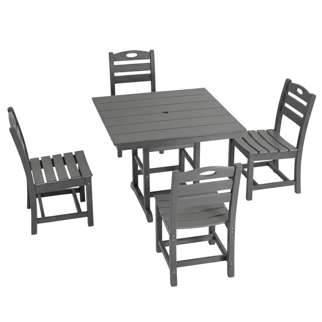 Outdoor Dining Set HDPE Gray 5 Piece Square Table Umbrella Hole Seats 4