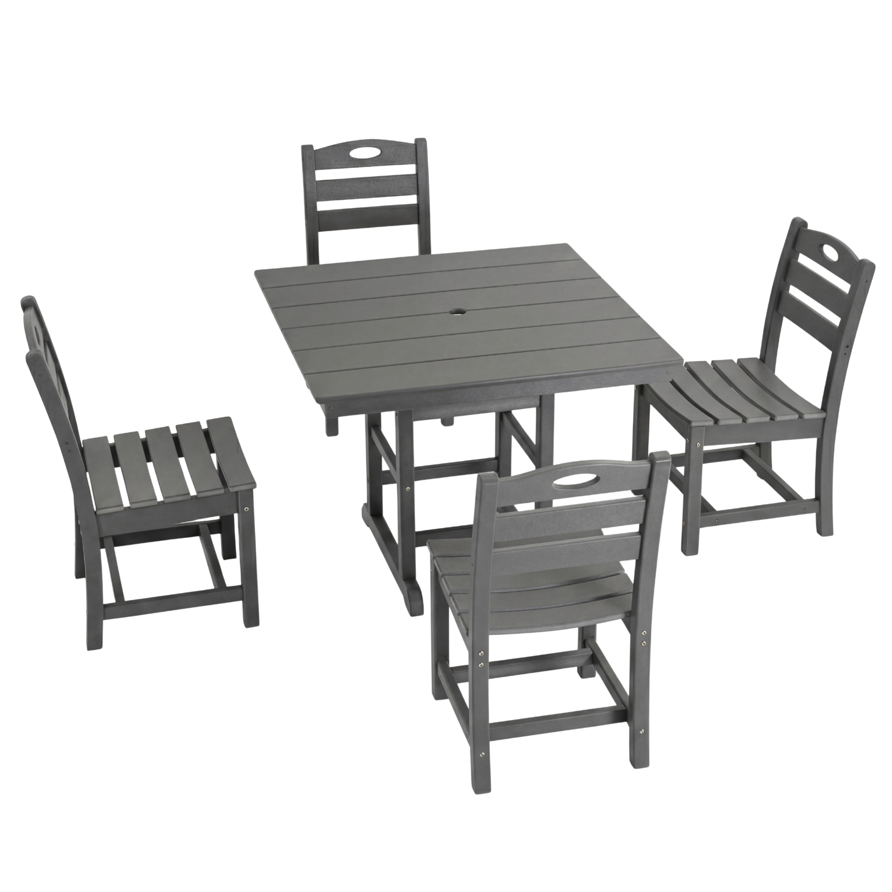 Outdoor Dining Set HDPE Gray 5 Piece Square Table Umbrella Hole Seats 4