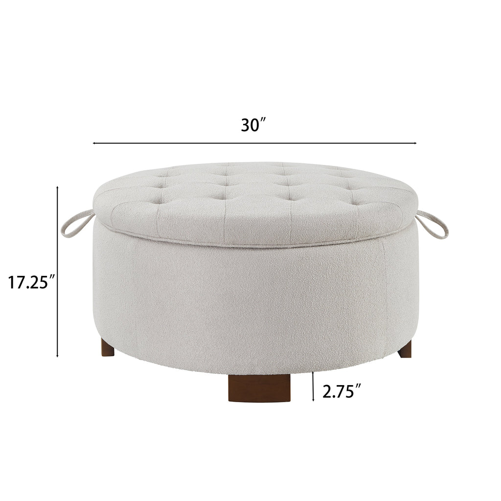Round Storage Ottoman with Reversible Lid, Boucle Fabric Upholstered, Beige