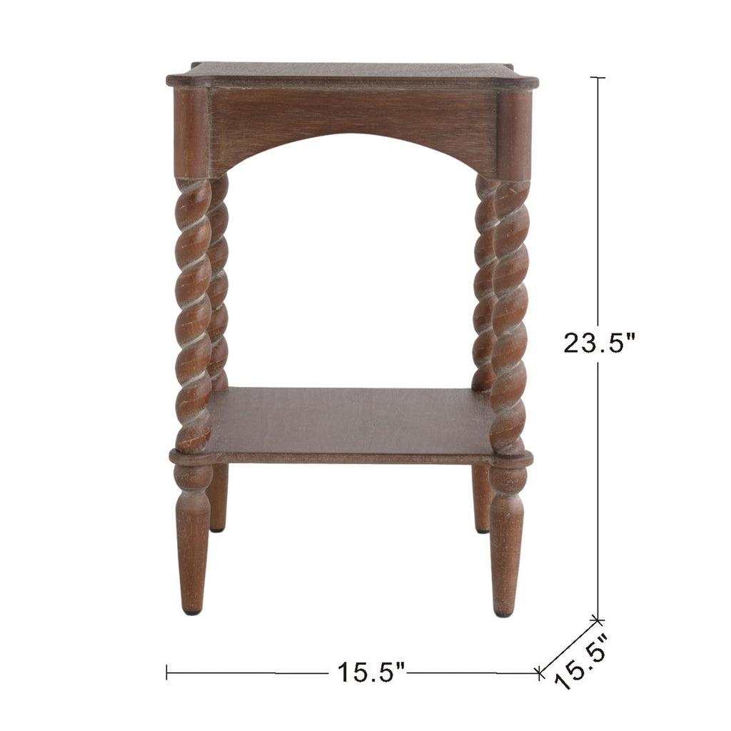 Distressed Brown Wood Side Table Spiral Legs Shelf