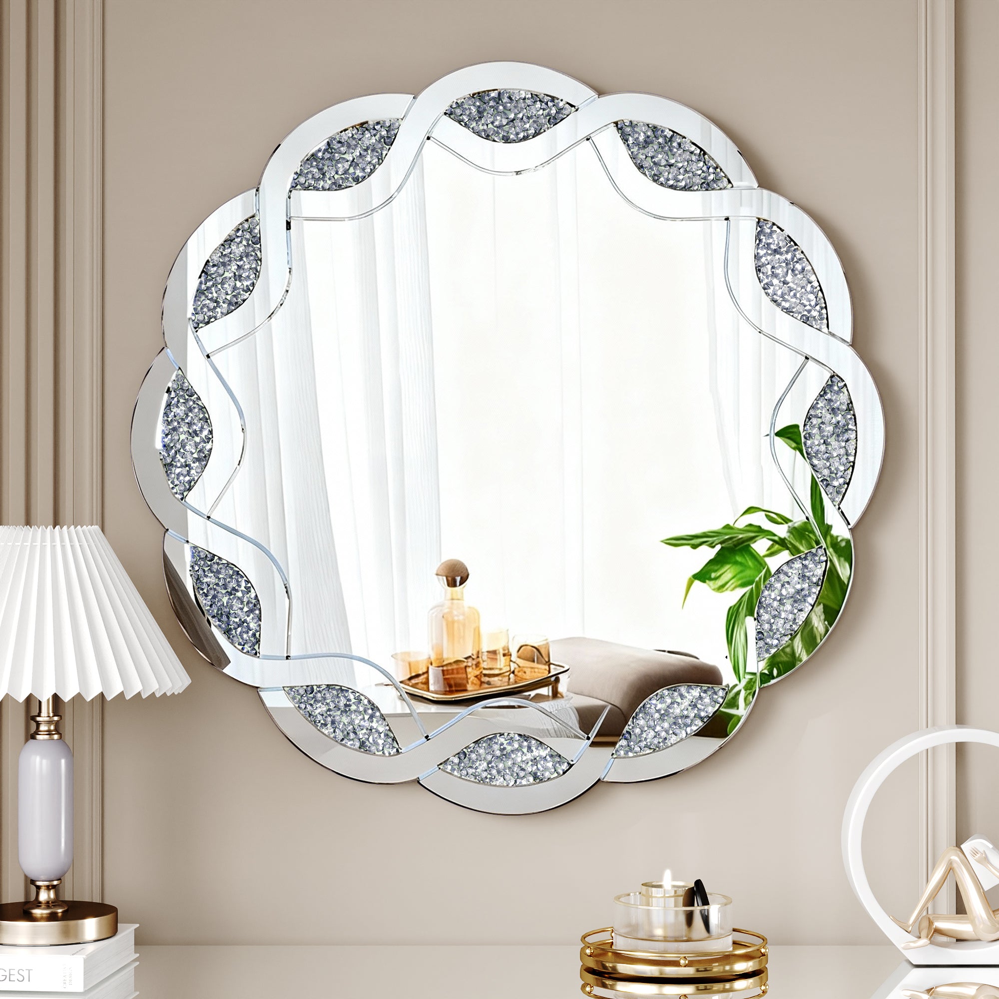31.5" Silver Wave Diamond Round Wall Mirror