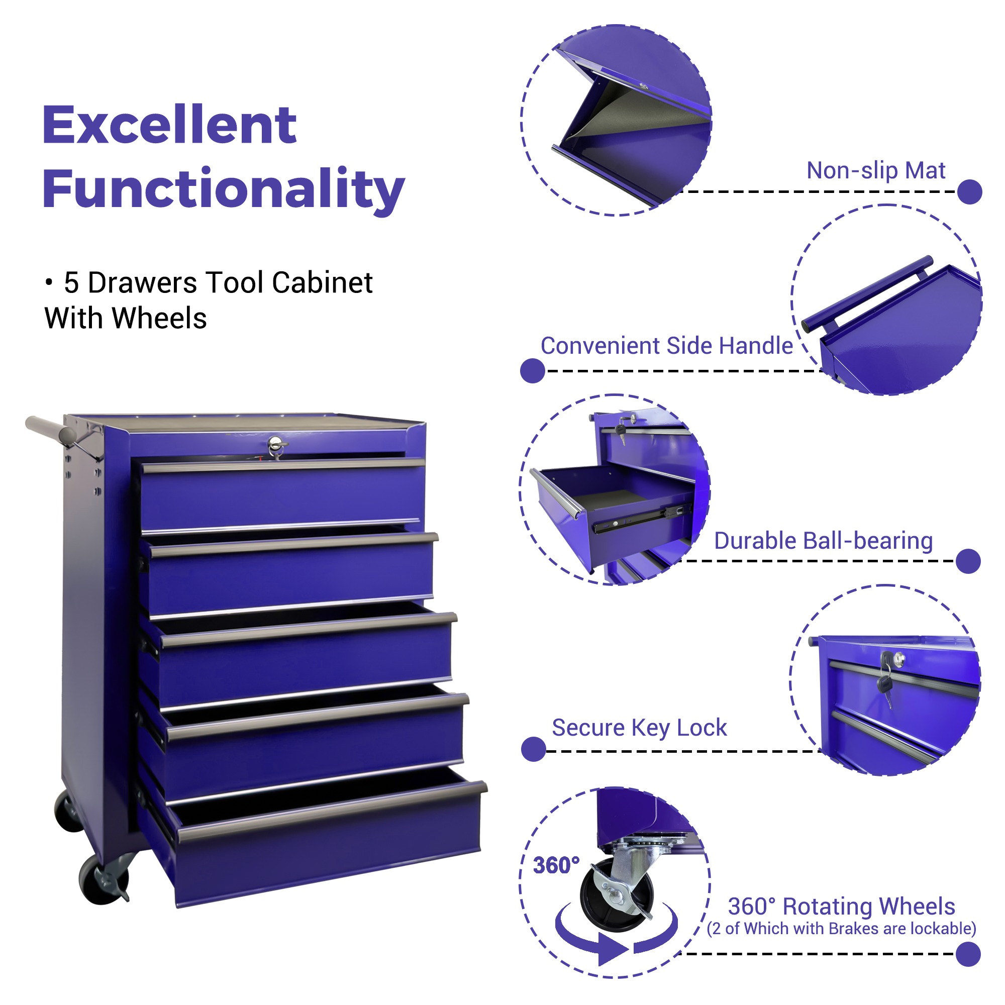 5-Drawer Rolling Metal Tool Chest Cabinet, Purple Steel Storage