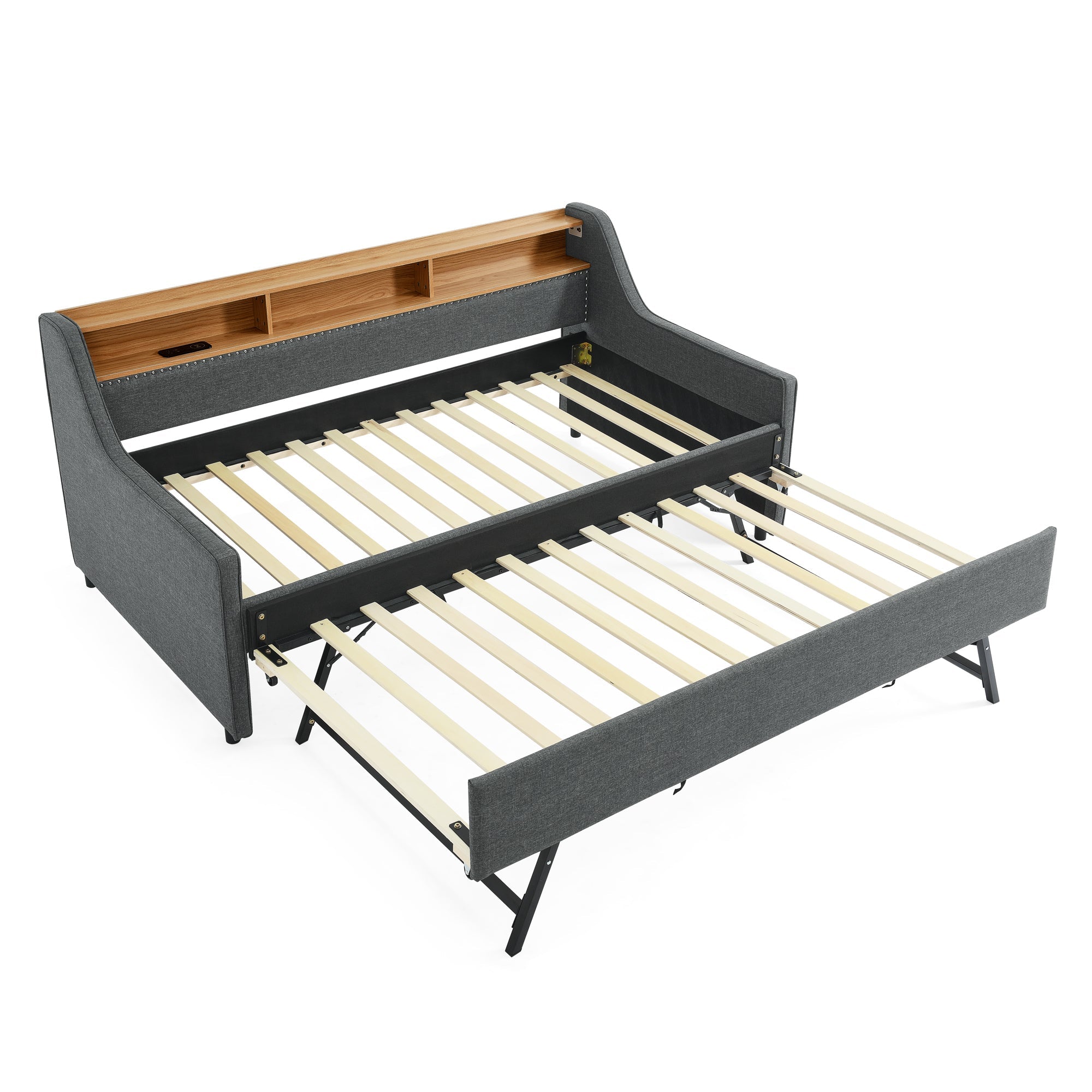 Grey Linen Twin Sofa Bed LED Lights Storage Headboard