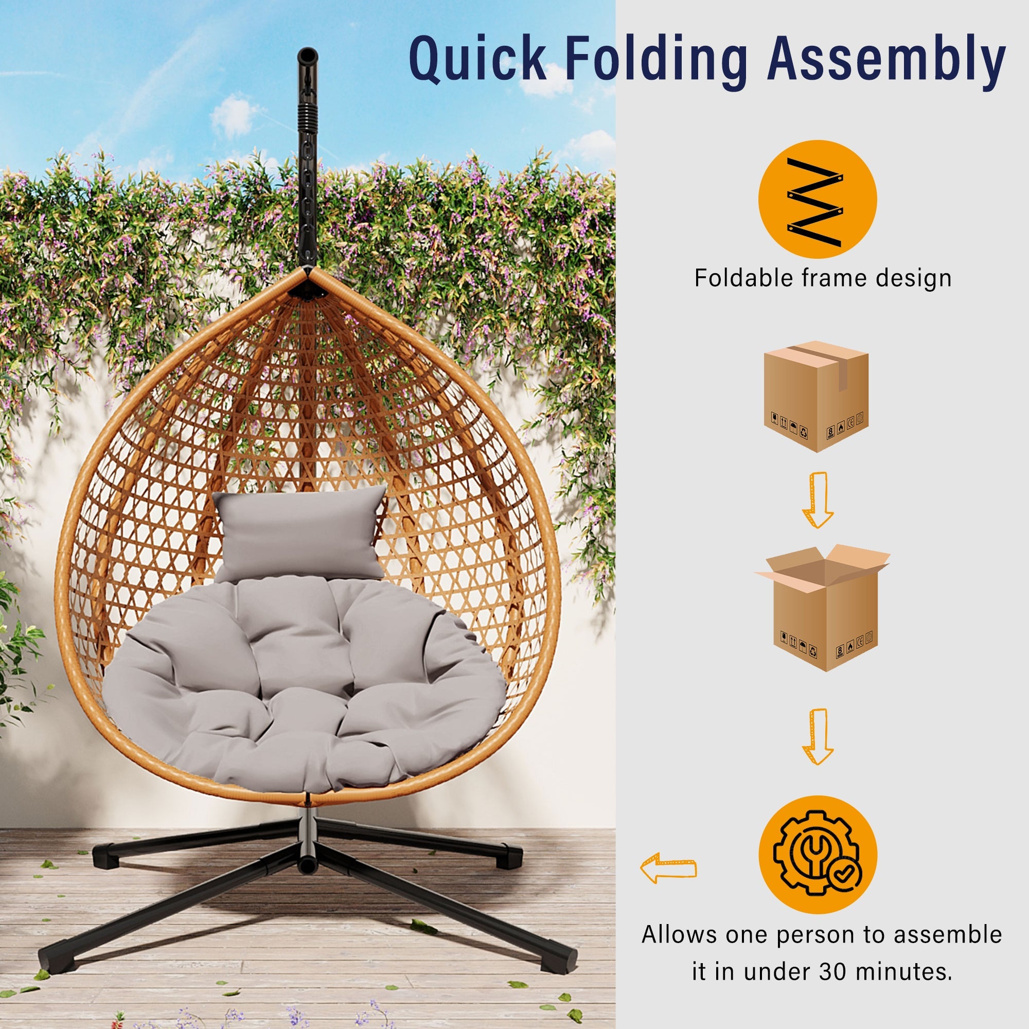 Rattan Hanging Egg Chair with Stand and Cushion