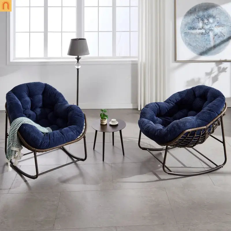 Outdoor Rocking Chair Rattan Steel Navy Blue Cushion Oversized 250 LB