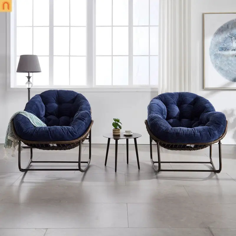 Outdoor Rocking Chair Rattan Steel Navy Blue Cushion Oversized 250 LB