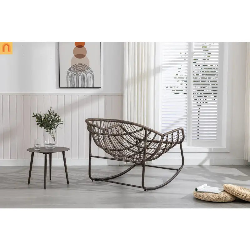 Outdoor Rocking Chair Rattan Steel Navy Blue Cushion Oversized 250 LB