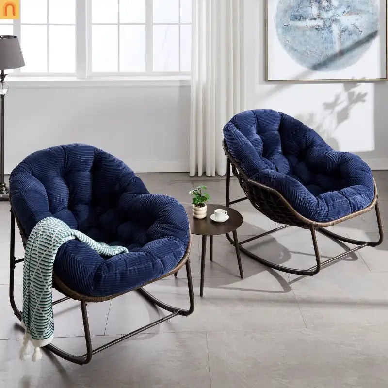 Outdoor Rocking Chair Rattan Steel Navy Blue Cushion Oversized 250 LB