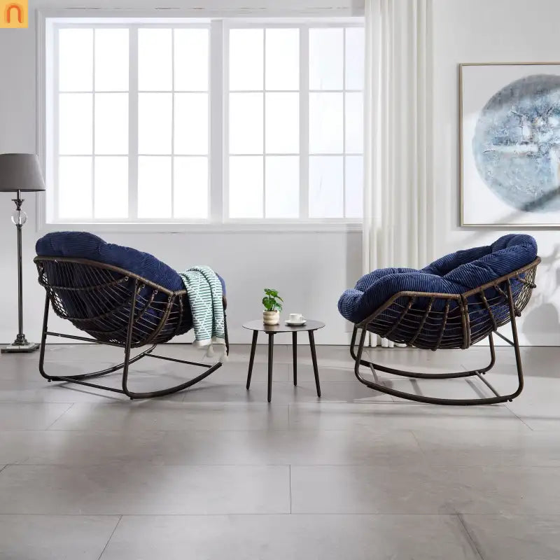 Outdoor Rocking Chair Rattan Steel Navy Blue Cushion Oversized 250 LB