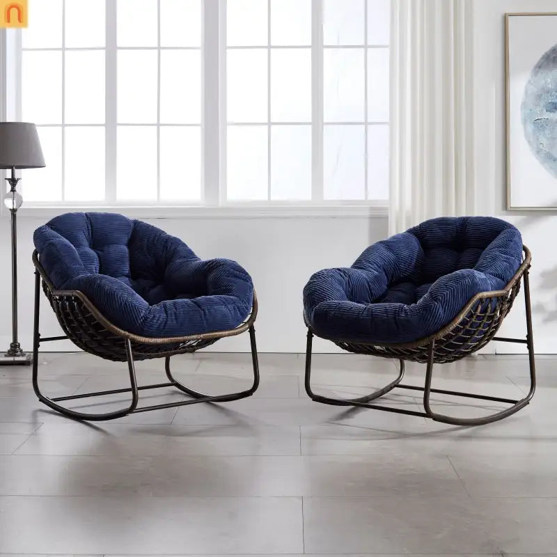 Outdoor Rocking Chair Rattan Steel Navy Blue Cushion Oversized 250 LB