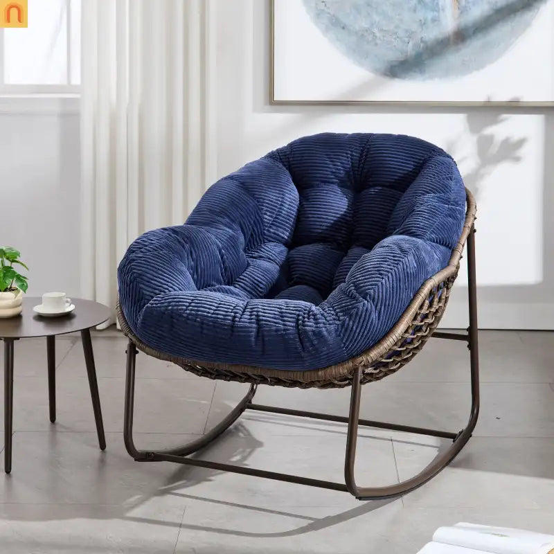 Outdoor Rocking Chair Rattan Steel Navy Blue Cushion Oversized 250 LB