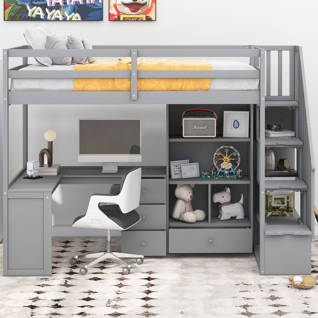 Gray Twin Size Loft Bed with L-Shaped Desk, Drawers, Cabinet and Storage Stai...