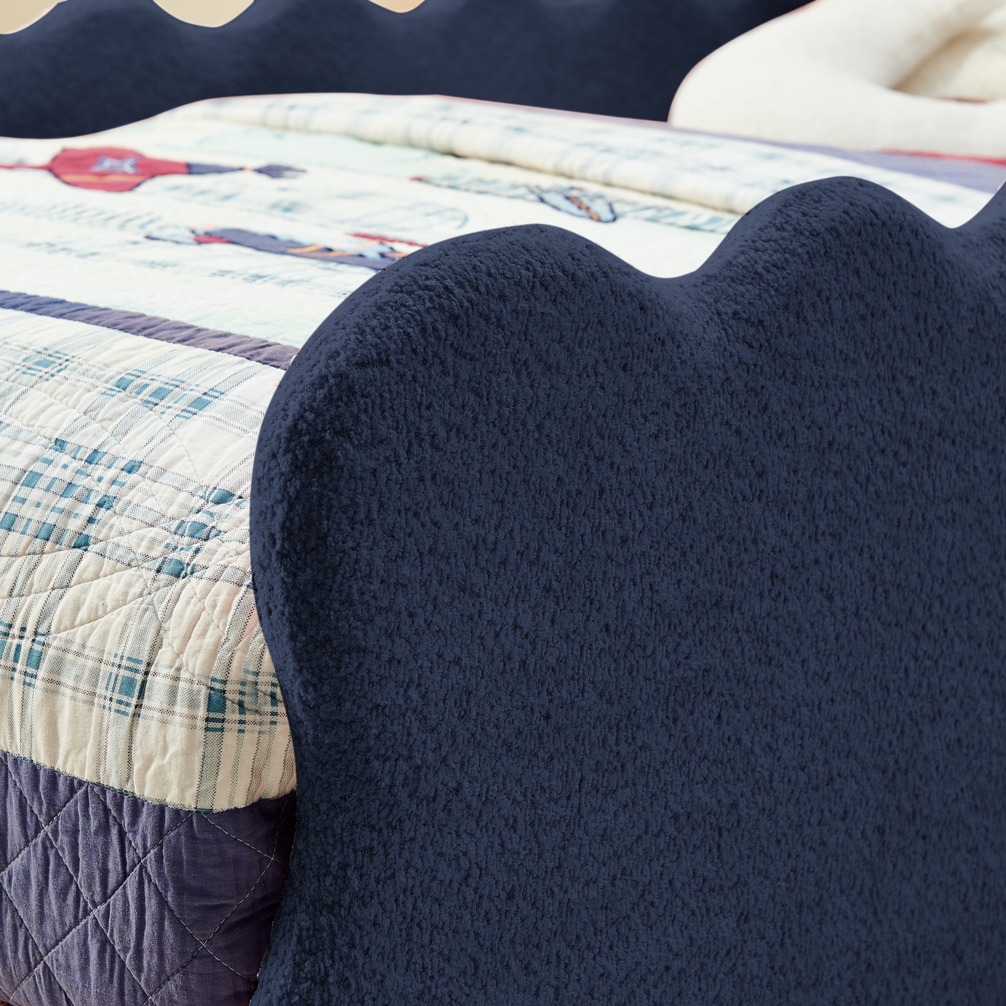 Twin Size Dinosaur Kids Bed Frame, Navy Blue Boucle Fabric