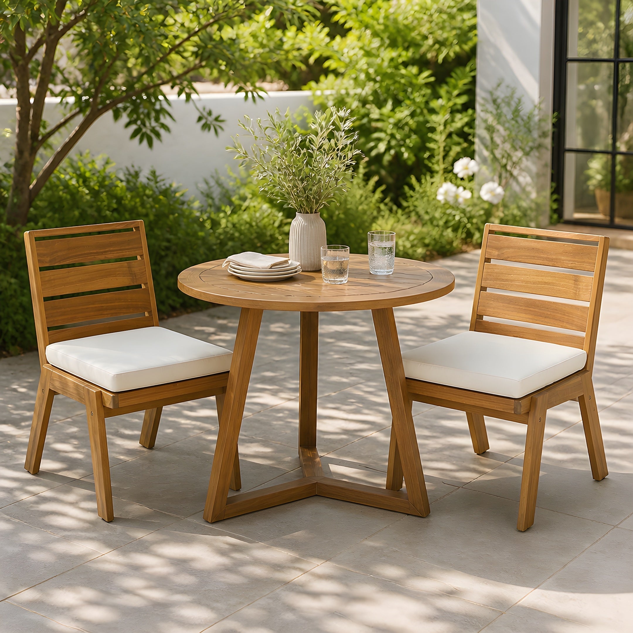Outdoor Dining Chairs Set of 2 Acacia Wood Patio Beige Cushion