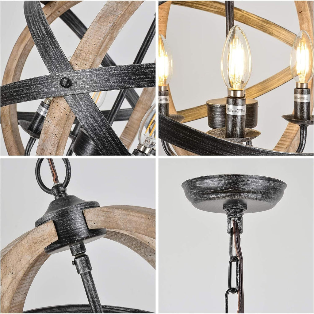 Chandelier Farmhouse 4-Light Rustic Wood Adjustable Kitchen Living