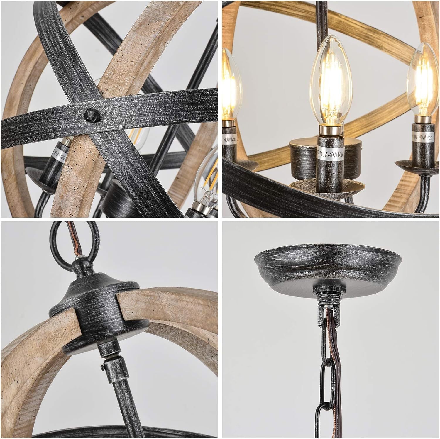 Chandelier Farmhouse 4-Light Rustic Wood Adjustable Kitchen Living