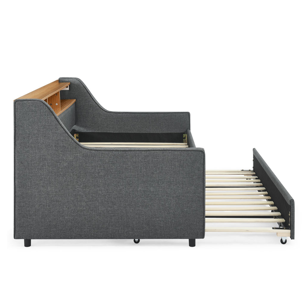 Grey Linen Twin Sofa Bed LED Lights Storage Headboard