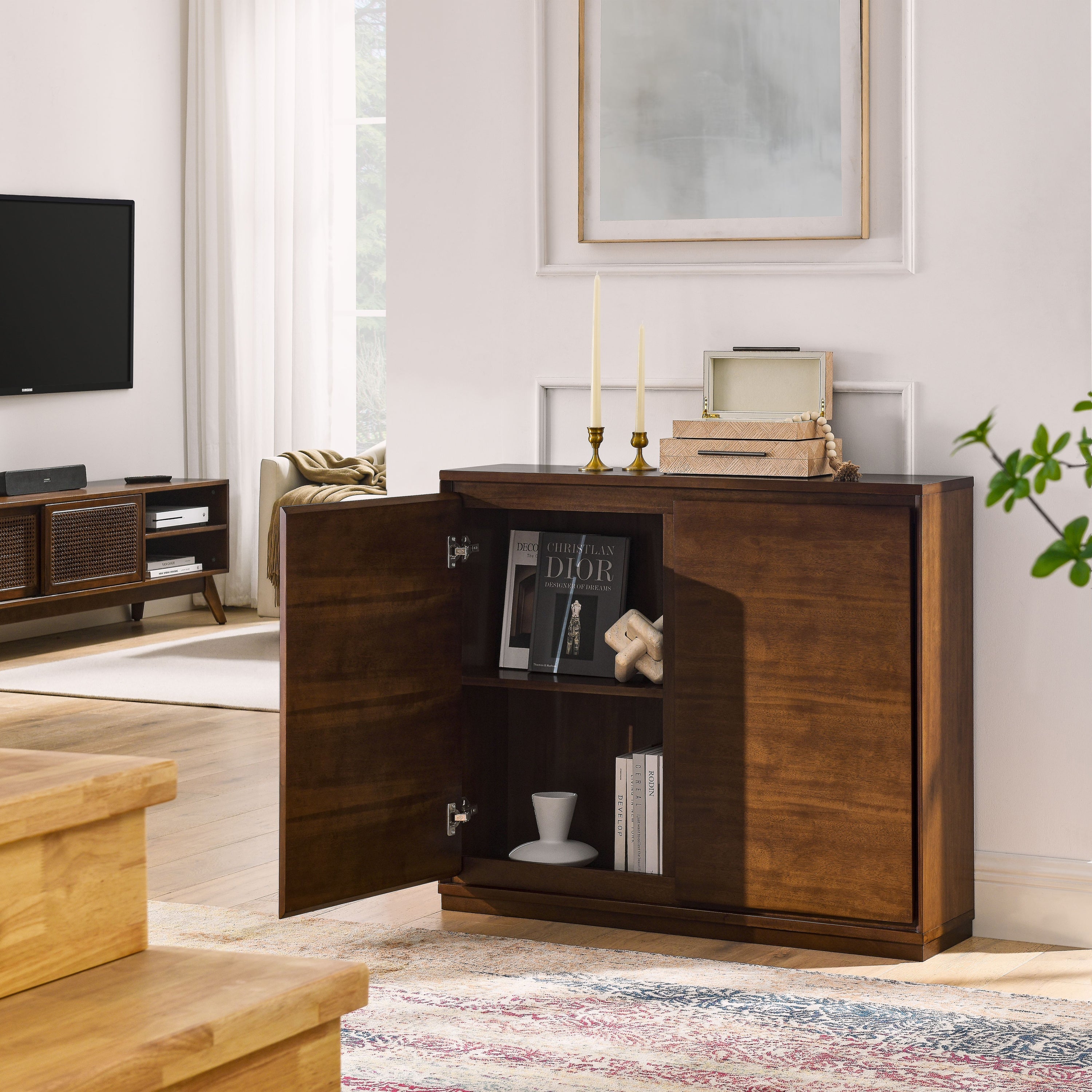 Walnut Sideboard Buffet Cabinet with Outlet Holes Storage