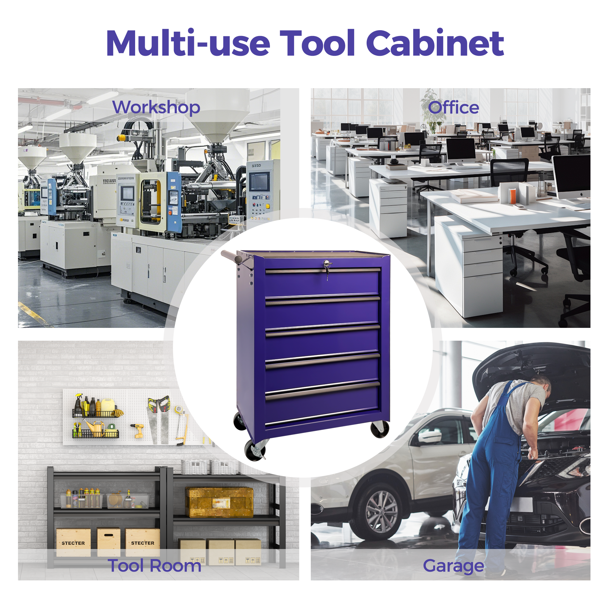5-Drawer Rolling Metal Tool Chest Cabinet, Purple Steel Storage